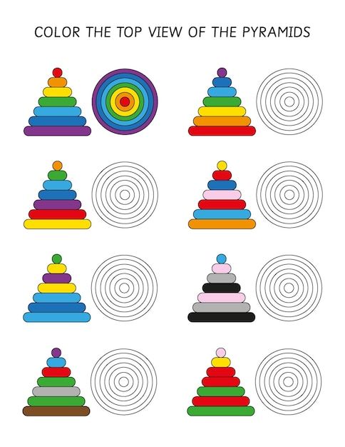 an image of colorful toy pyramids with the text color the top view of the pyramids