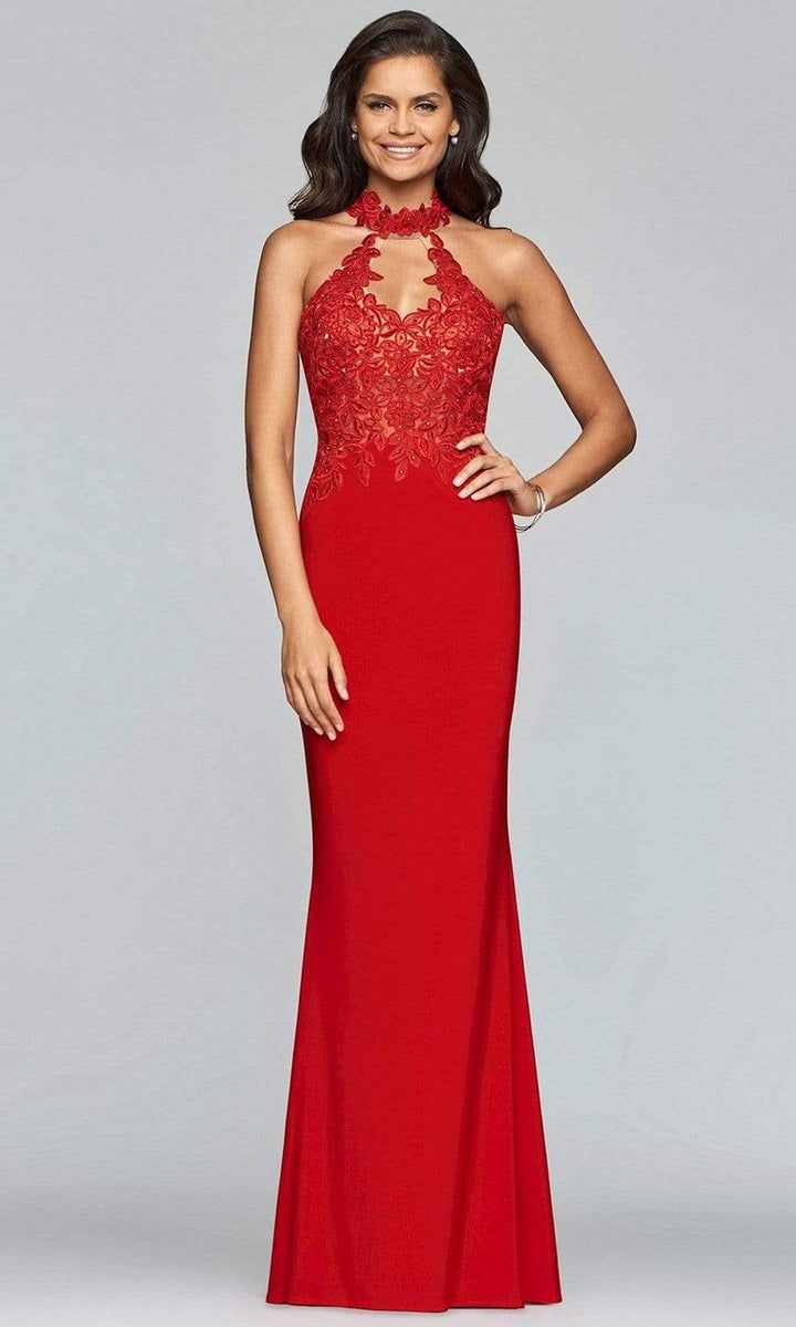 Faviana - 7750 High Halter Cutout Sheath Gown – Couture Candy Elegant Prom Gown With Lace Bodice, Elegant Gown With Lace Bodice For Prom, Gala Gown With Scalloped Lace And Fitted Bodice, Scalloped Lace Gown For Gala And Prom Season, Scalloped Lace Gown For Gala During Prom Season, Lace Gown With Sweep Train For Gala, Elegant Lace Back Dress For Prom, Elegant Lace Gown With Sheer Bodice, Elegant Gown With Sheer Lace Bodice