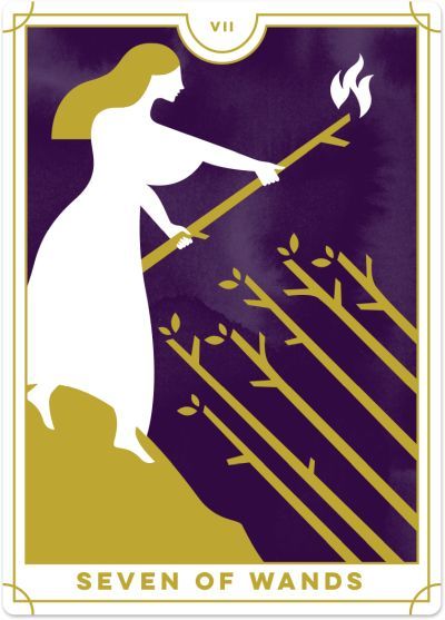 an image of a woman holding a stick with the words seven of wands on it