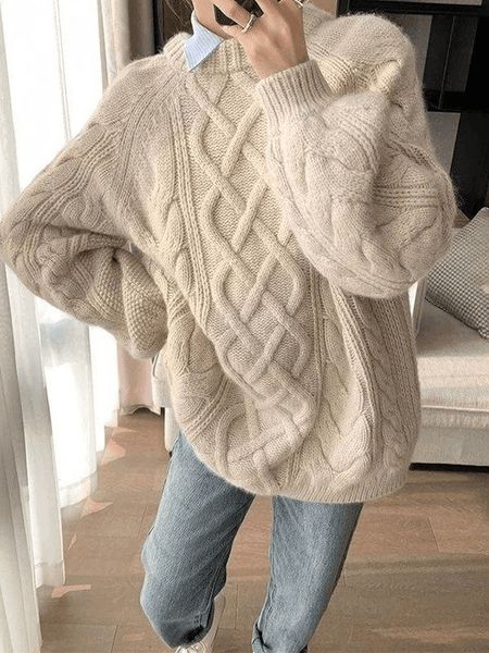 Oversized Cable Knit Sweater, Beige Pullover, Pull Oversize, Basic Sweaters, Pullover Outfit, Oversized Pullover, Yellow Sweater, Sweaters Online, Fashion Korean