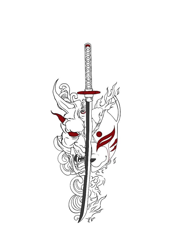 Tattoo idea, Oni Mask, Kitsune Mask, Katana, Weight between Water and Fire Oni Mask Tattoo Female, Naruto Mask Tattoo, Japanese Tattoos Kitsune, Oni Mask Knife Tattoo, Kitsune Mask Tattoo Design Black, Hana Masks Tattoo, Anime Mask Tattoo, Traditional Japanese Art Tattoo, Tattoes Idea Aesthetic