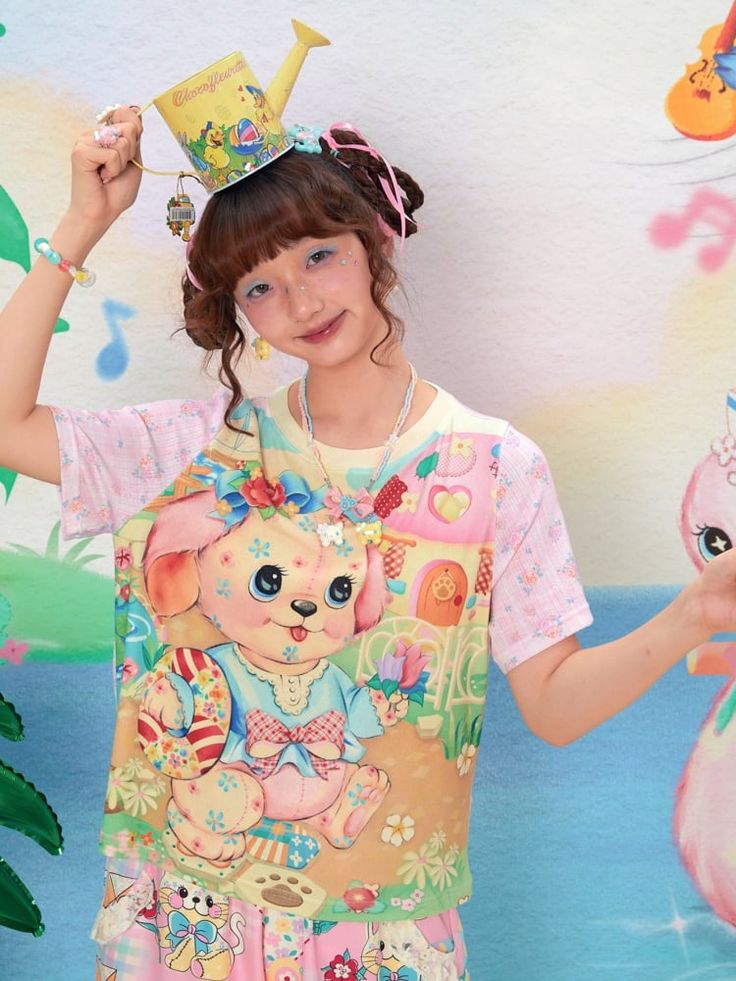 This T-shirt features a cute dog print on the front, with additional floral printed decorations on the sleeves and back, exuding a youthful and adorable vibe.  The price includes only one T-shirt.   	 		 			Size 			S 			M 		 		 			Length 			55 			58 		 		 			Bust 			102 			106 		 		 			Shoulders 			35 			36 		 		 			Sleeve Length 			22 			23 Harajuku Style Funny Print T-shirt For Spring, Spring Harajuku T-shirt With Funny Print, Playful Hello Kitty T-shirt For Summer, Multicolor Kawaii T-shirt For Spring, Sweet Cartoon Print Short Sleeve Tops, Spring Kawaii T-shirt With Funny Print, Kawaii Character Print T-shirt For Spring, Kawaii Multicolor Spring T-shirt, Spring Kawaii Multicolor T-shirt