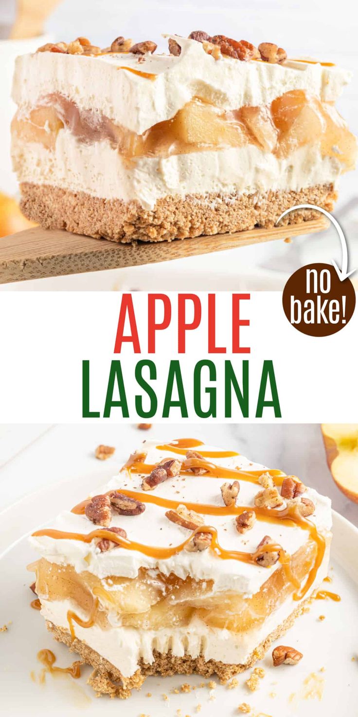 an image of apple lasagna dessert on a plate with the title above it