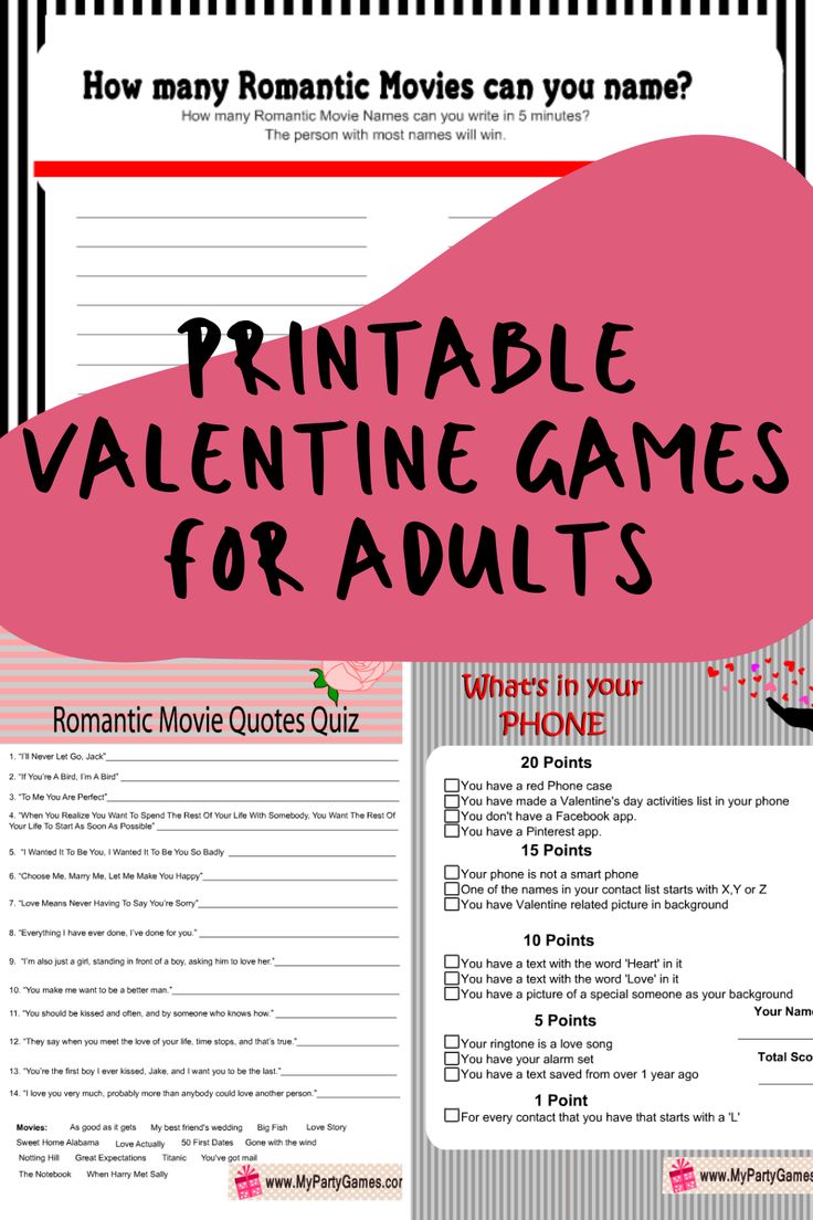 printable valentine games for adults with the text how many romantic movies can you name?