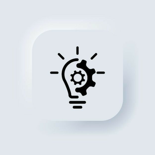 a light bulb with gears inside it on a white square button, icon or symbol