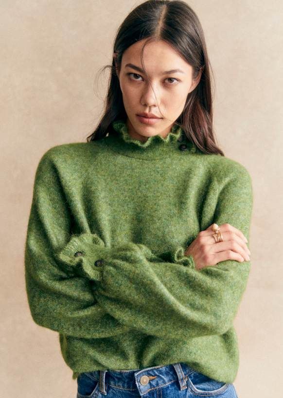 Carlota Jumper - Garden Green - Merino Wool - Sézane Parisian Style, Merino Wool, Jumper, Wool, Crochet, Green