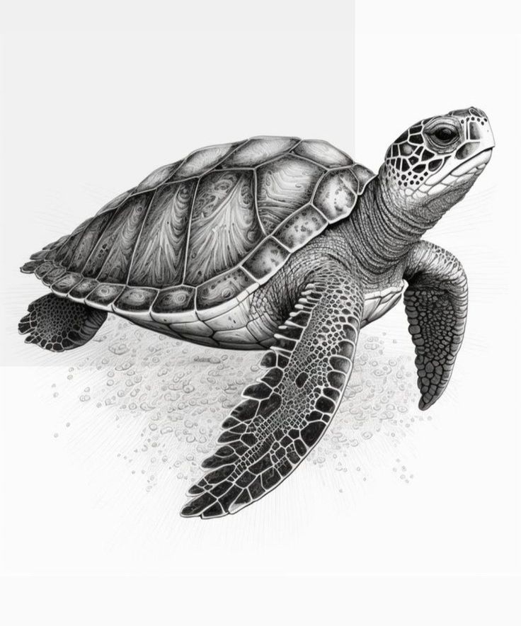 a drawing of a sea turtle in black and white