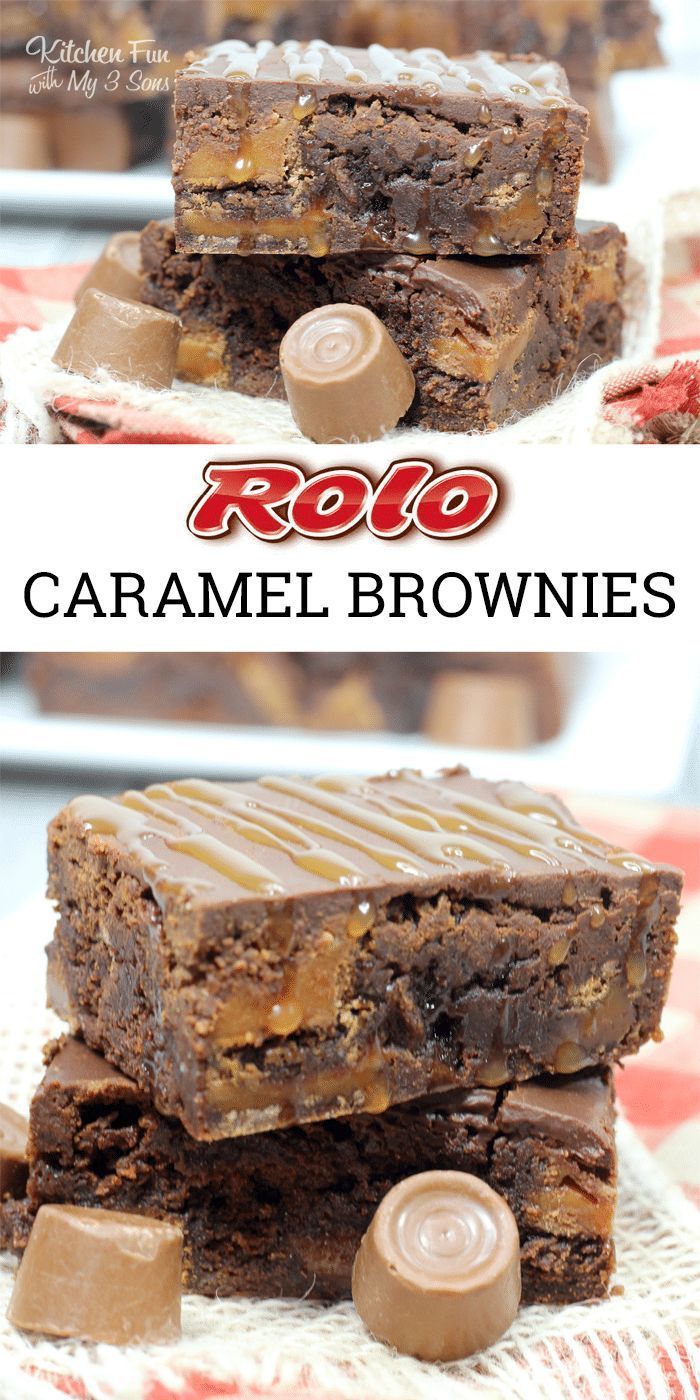 chocolate caramel brownies stacked on top of each other with the title above it