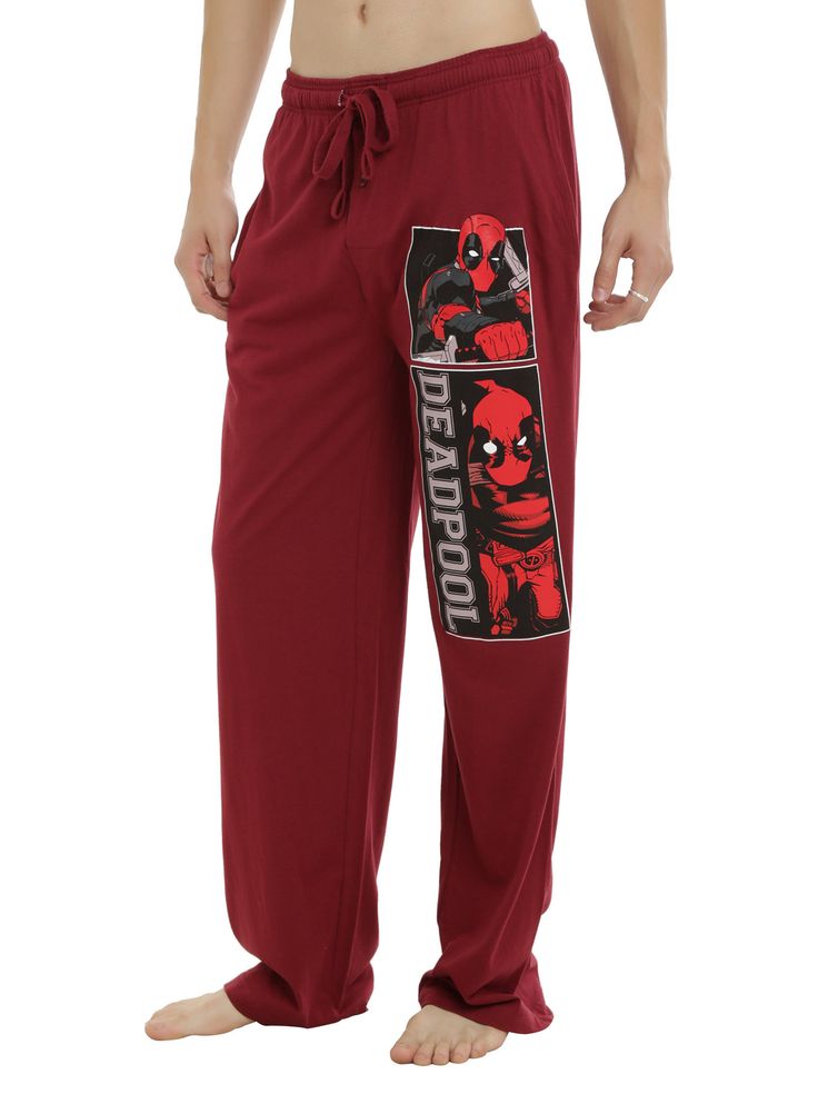 <p>These pants don't look or smell like old lady pants. Comfy guys pajama pants featuring two <i>Deadpool</i> comic panels, the <i>Deadpool</i> logo on the left leg and an elastic drawstring waist with single button fly. </p><ul><li style="list-style-position: inside !important; list-style-type: disc !important">60% cotton; 40% polyester</li><li style="list-style-positio... Men Shopping, Cartoon Pajamas, Cotton Pjs, Mens Sleepwear, Cotton Sleepwear, Marvel Deadpool, Man Thing Marvel, Pj Pants, Egg Salad