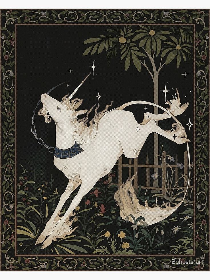 an illustration of a white unicorn in the middle of a forest with trees and flowers