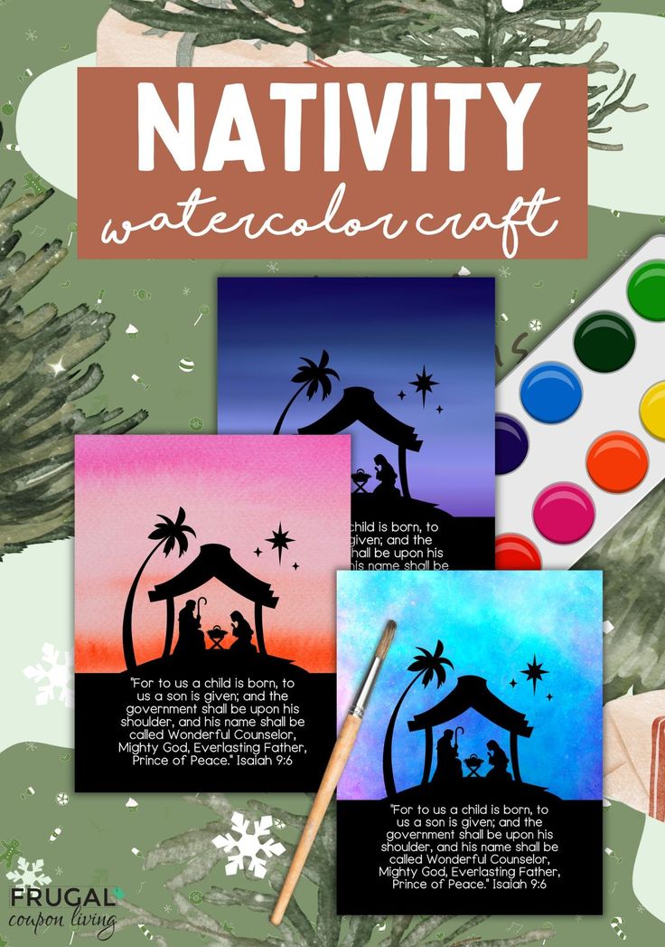 the nativity watercolor craft is shown in front of a christmas tree with paintbrushes