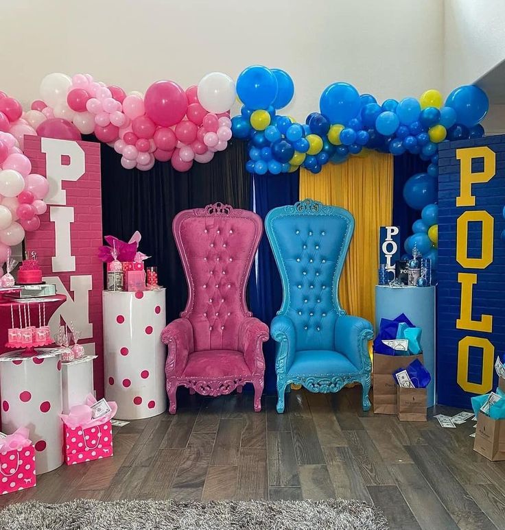 a room filled with balloons and furniture