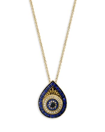 Bloomingdale's Fine Collection Blue Sapphire & Diamond Evil Eye Pendant Necklace in 14K Yellow Gold, 18 Luxury Blue Hallmarked Necklace, Luxury Blue Diamond Pendant Necklace, Luxury Blue Pendant Diamond Necklace, Blue Teardrop Necklace With 17 Jewels, Blue Teardrop Pendant Necklace With 17 Jewels, Blue Teardrop Pendant Jewelry With Diamond Accents, Blue Teardrop Pendant With Diamond Accents, Blue Teardrop Pendant Necklace Fine Jewelry, Blue Teardrop Pendant Fine Necklace