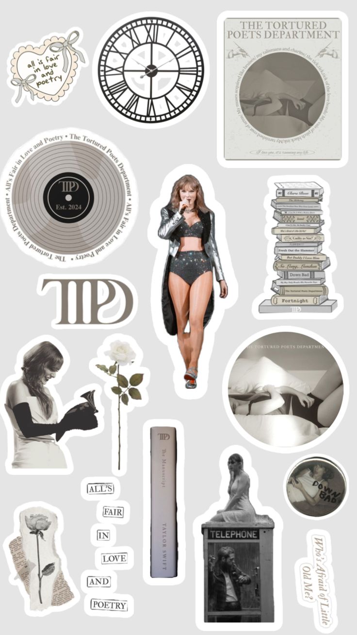 sticker sheet with various pictures and words on it, including an image of a woman in