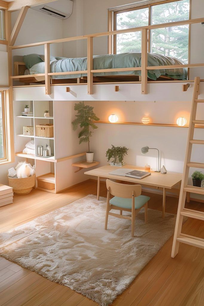 a loft bed with desk and ladder in the corner next to a white rug on top of a hard wood floor