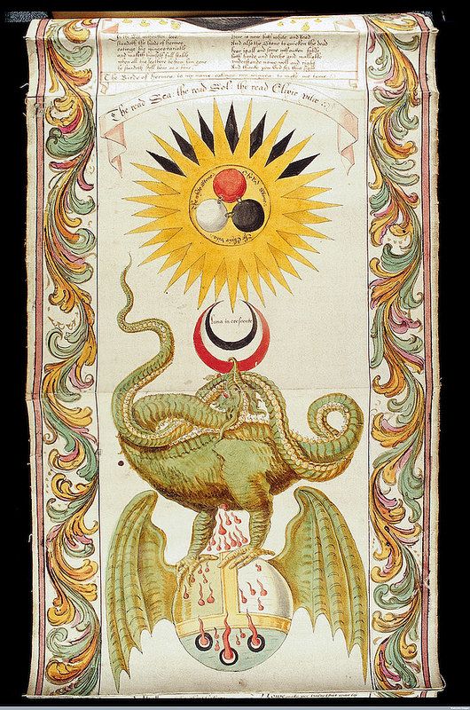 an image of a dragon with the sun above it and other symbols around it, all on a white background