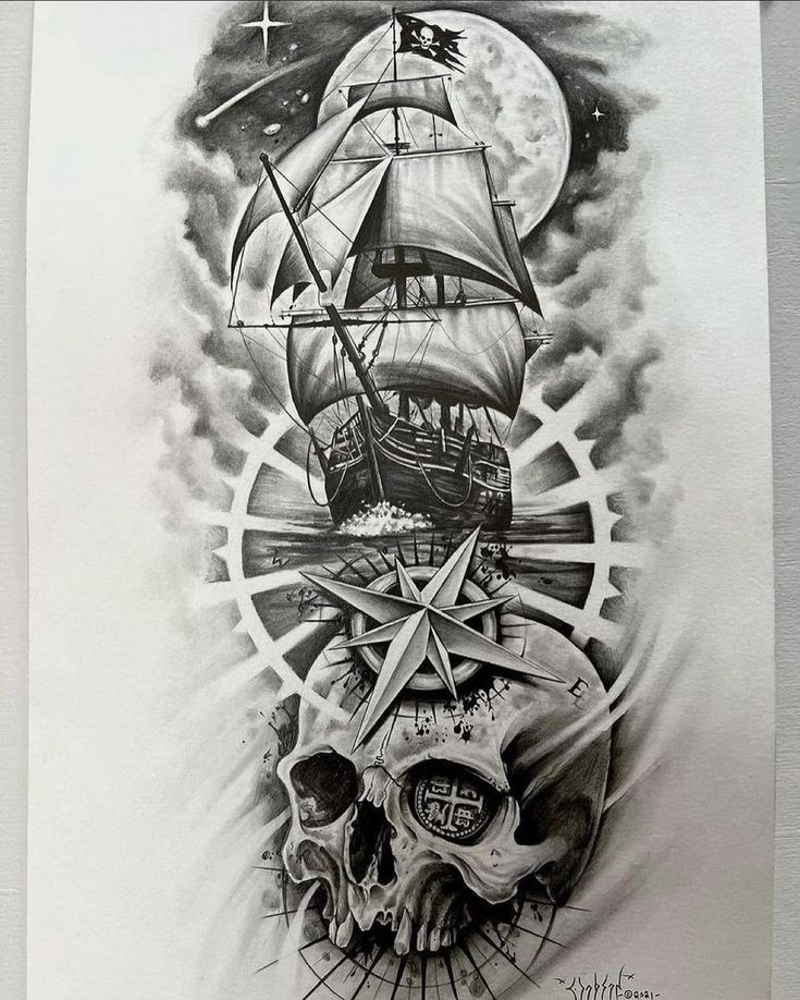 a black and white drawing of a pirate ship with skull on it's side