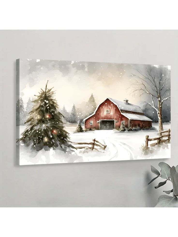 a christmas scene with a red barn and snow covered trees on the side of a wall