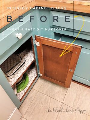 an open cabinet door with the words before next and easy diy makeover