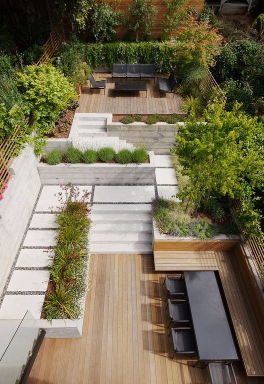 an aerial view of a garden with benches and plants