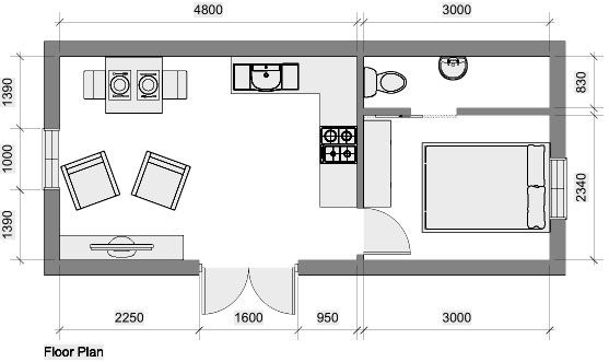 the floor plan for a small house with two beds and one bathroom, including a living room