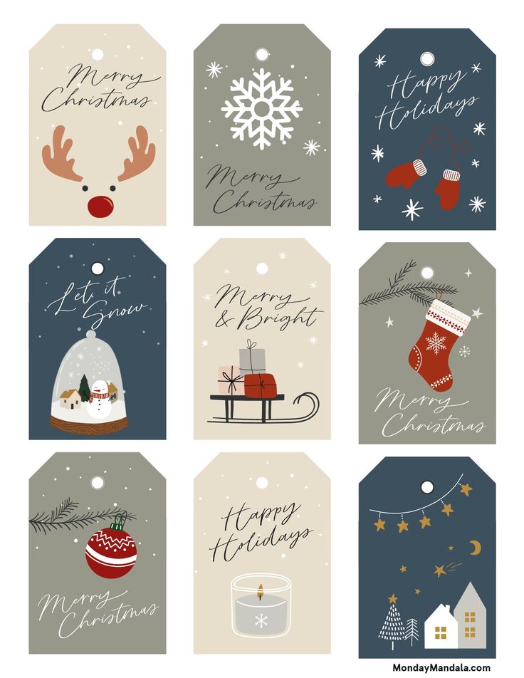 six christmas gift tags with different designs