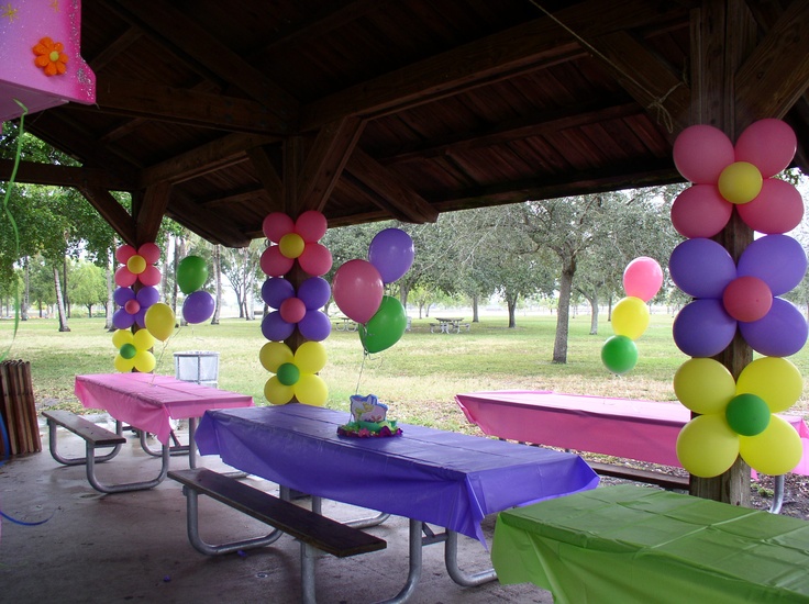 some balloons are hanging from the roof of a covered area with picnic tables and benches