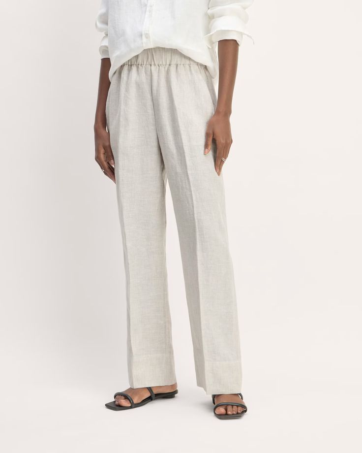 The Linen Easy Pant Stone / White – Everlane Chic Linen Straight Pants, Chic Straight Linen Pants, Elegant Linen Bottoms With Relaxed Fit, Chic Linen Pull-on Pants, Chic Neutral Linen Bottoms, Elegant Relaxed Fit Linen Bottoms, Linen Wide Leg Bottoms With Pull-on Style, Neutral Straight Hem Bottoms For Spring, Spring Neutral Bottoms With Straight Hem