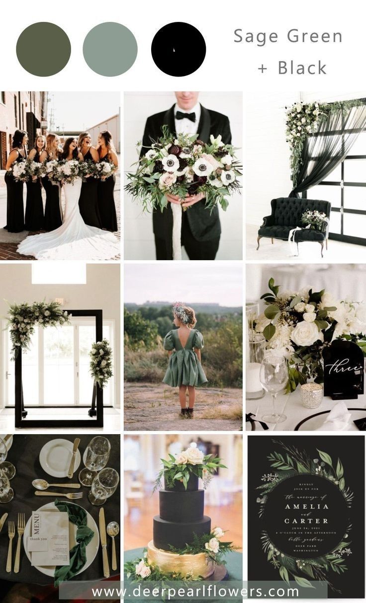 black and white wedding color palettes with greenery, flowers, and foliage in shades of green