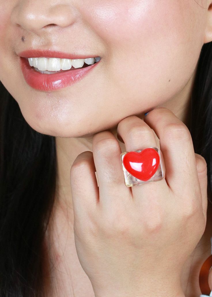 Different options Pair with other ring Adjustable Clear Rings, Modern Rings For Valentine's Day, Unique Rings For Valentine's Day, Trendy Clear Round Rings, Adjustable Clear Ring Perfect For Gifts, Heart Square, Square Ring, Square Rings, Black 7