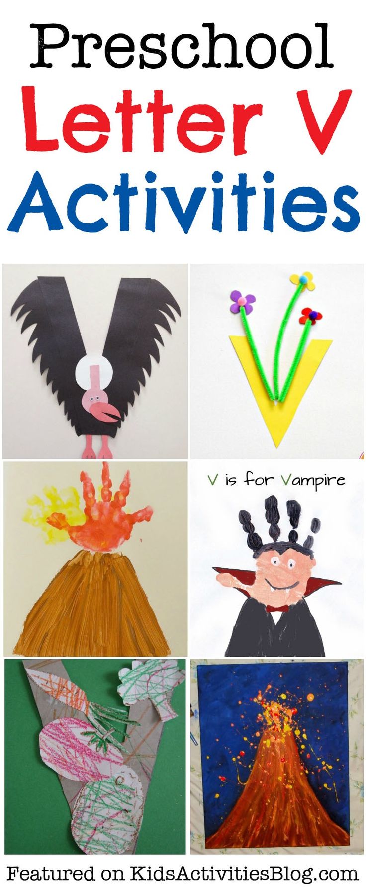 the words preschool letter v activities with pictures of volcanos, birds and flowers on them