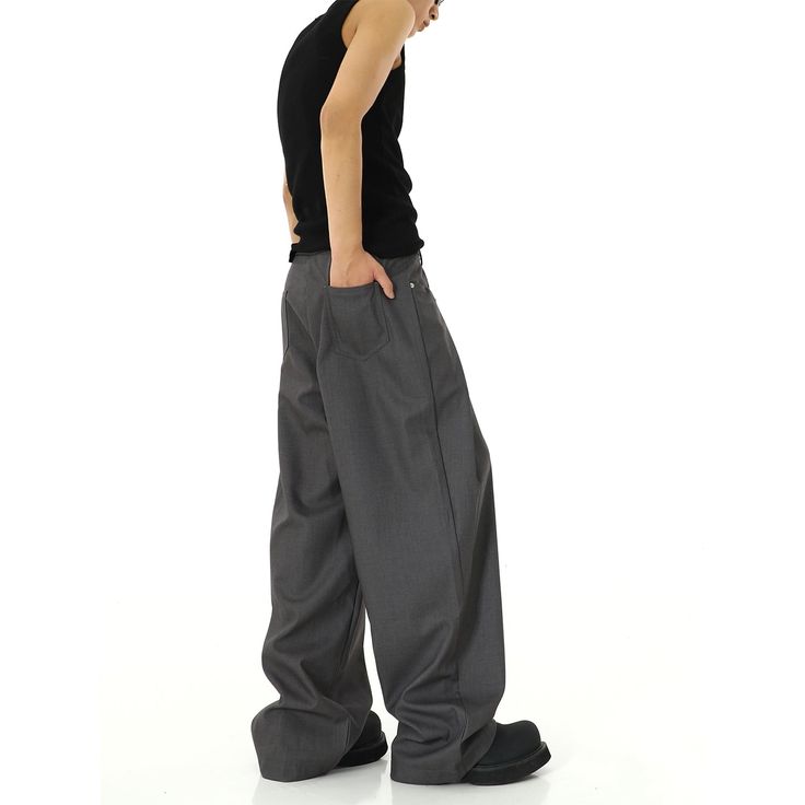 Model is 5ft 9''(176cm) tall, 145 lbs(66kg) weight and wearing a size L168cm 59kg wearing a size M - Folded- Wide straight fit- Baggy style- 2 colors Full Length Work Pants With Hip Pockets For Streetwear, Fitted Gray Bottoms With Hip Pockets, Baggy Full-length Work Pants With Belt Loops, Gray Baggy Straight Pants, Gray Baggy Wide Leg Pants, Stretch Full-length Pants With Hip Pockets, Baggy Tapered Leg Work Pants With Hip Pockets, Fitted Full-length Bottoms For Streetwear, Streetwear Full-length Bottoms With Belt Loops