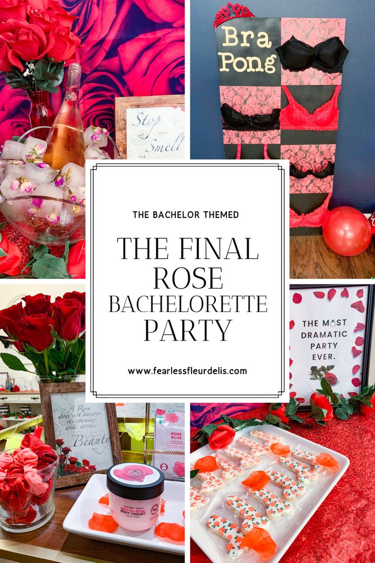 the final rose bachelor party with pink and red decorations, flowers, and desserts