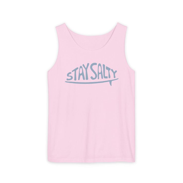 Our Stay Salty Surfboard Tank is made from garment-dyed fabric; this tank features a fun surfboard design and a relaxed fit for ultimate comfort. - 100% Ringspun US cotton- Medium fabric - Comfort Colors 9360 tank- Relaxed fit To keep your shirt's design as beautiful as possible, we recommend gently washing this garment with cold or lukewarm water. You can either tumble dry low or line dry. Relaxed Fit Sleeveless Tank Top With Letter Print, Cotton Letter Print Vest For Streetwear, Cotton Vest With Letter Print For Streetwear, Sleeveless Cotton T-shirt For Beach, Summer Tank Top With Letter Print For Everyday, Beach Tank Vest In Cotton, Beach Cotton Tank Vest, Summer Letter Print Tank Top For Everyday, Everyday Cotton Racerback Tank Top