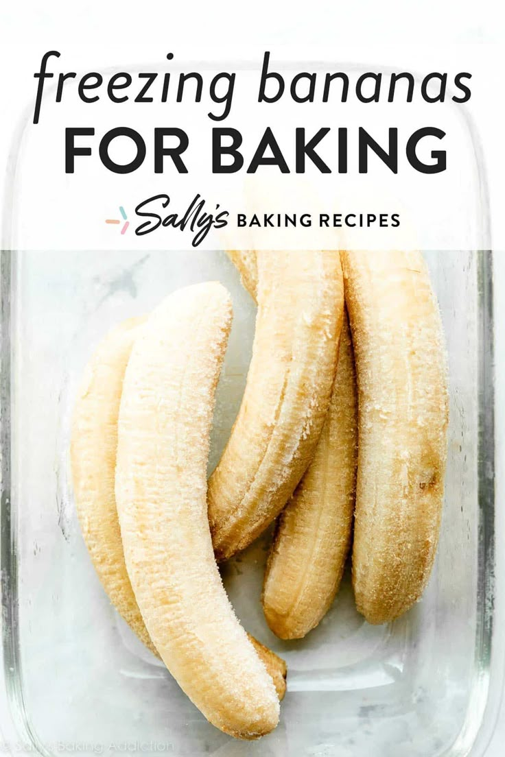 two bananas in a glass container with text overlay reading freezing bananas for baking salty's baking recipes