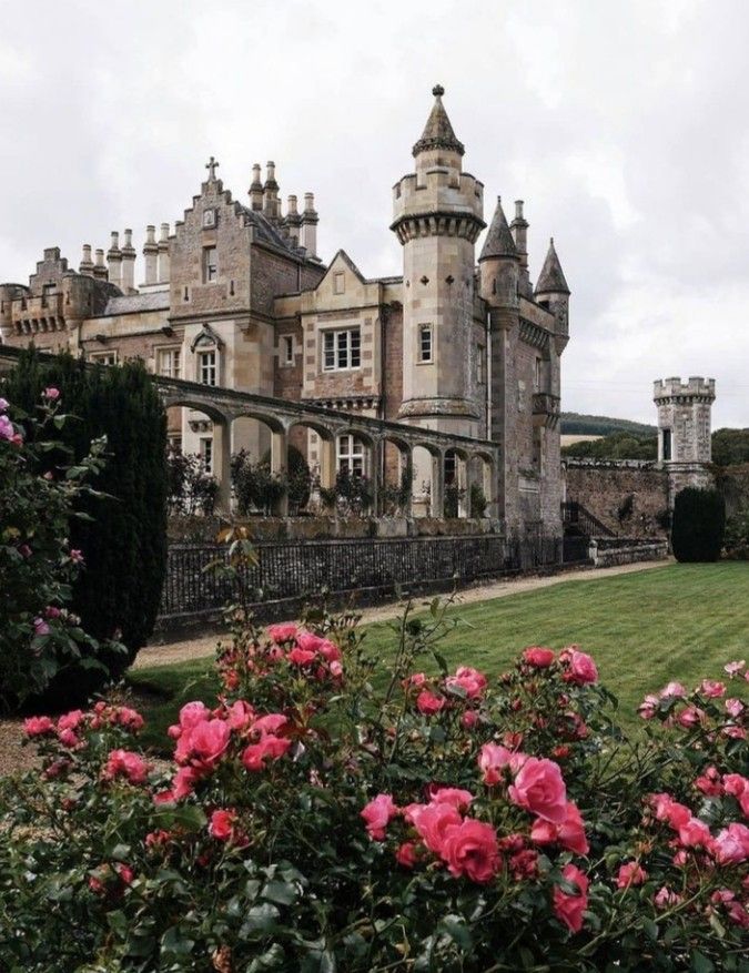 an old castle with pink flowers in the foreground