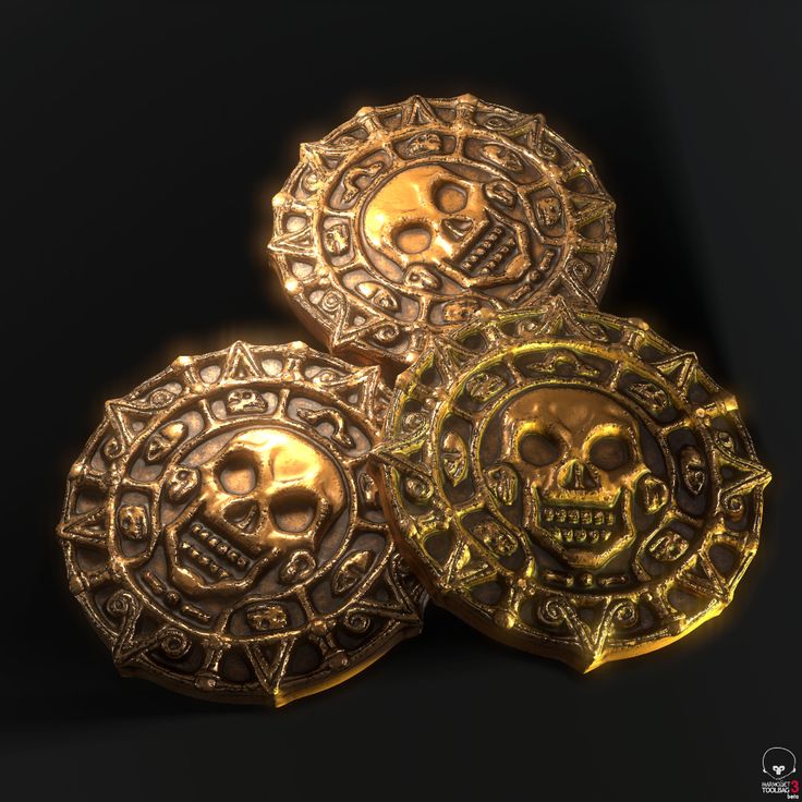 three gold skull buttons on a black background