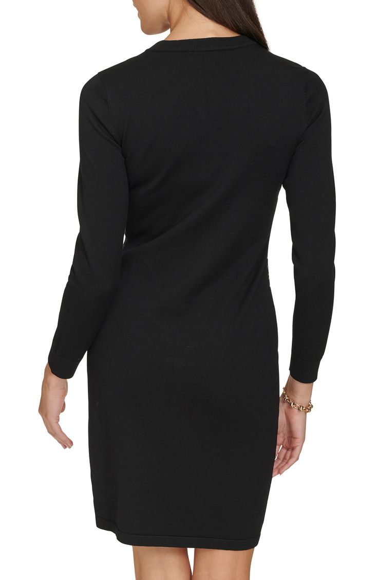 A rhinestone logo shimmers against this cozy sweater dress that's perfect to throw on when the temp drops. Slips on over head Crewneck Long sleeves 75% rayon, 25% nylon Machine wash, line dry Imported Elegant Crew Neck Sweater Dress With Stretch, Black Fitted Crew Neck Sweater Dress, Black Fitted Sweater Dress With Crew Neck, Cozy Sweater Dress, Long Sleeve Sweater Dress, Cozy Sweater, Sleeve Sweater, Long Sleeve Sweater, Nordstrom Rack