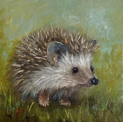 an oil painting of a hedgehog in the grass