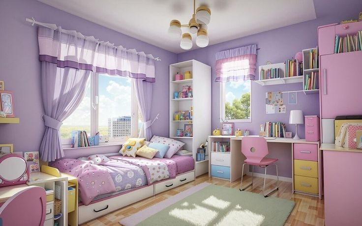 a child's bedroom with purple walls and pink furniture, including a bed, desk, bookshelf, and window