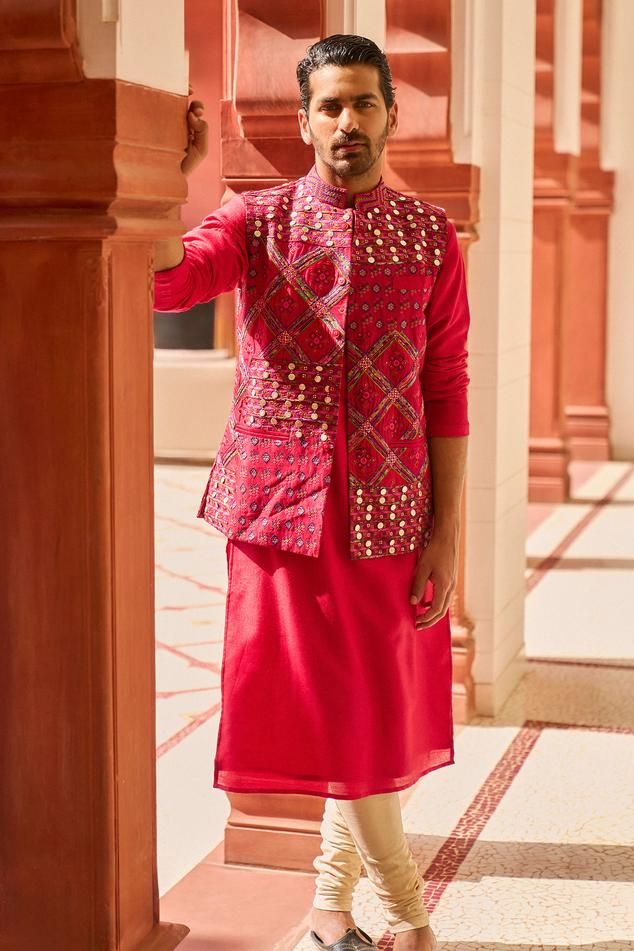 Red bundi with coin and resham embroidery all over. Comes with a plain red kurta and a contrasting churidar. - Aza Fashions Traditional Chanderi Bandhgala With Mirror Work, Unstitched Bandhgala With Gota Work For Navratri, Festive Designer Wear Chanderi Nehru Jacket, Festive Chanderi Nehru Jacket For Designer Wear, Chanderi Bandhgala With Gota Work For Diwali, Chanderi Nehru Jacket For Designer Wear And Festive, Bollywood Style Designer Chanderi Nehru Jacket, Bollywood Bandhgala With Gota Work For Festive Occasions, Festive Chanderi Nehru Jacket With Gota Work