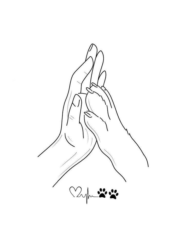 two hands reaching up to each other with hearts and paw prints on the bottom right hand