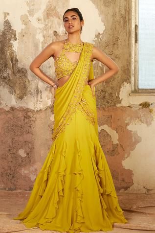 Shop for Shloka Khialani Yellow Georgette Ziya Pre-draped Saree With Blouse for Women Online at Aza Fashions Ruffled Saree, Sari Style, Embellished Crop Top, Ruffle Pattern, Saree Style, Ruffle Saree, Yellow Saree, Drape Saree, Elegant Attire