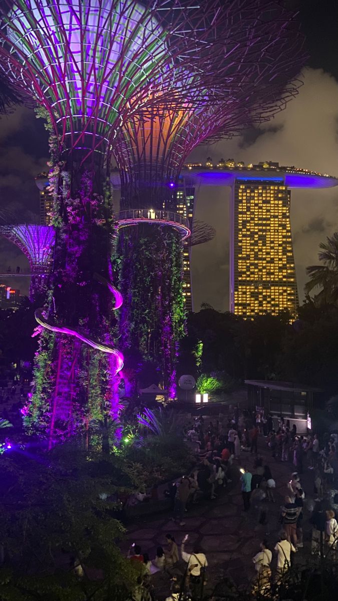 the gardens by the bay at night are lit up with purple and green lights in singapore