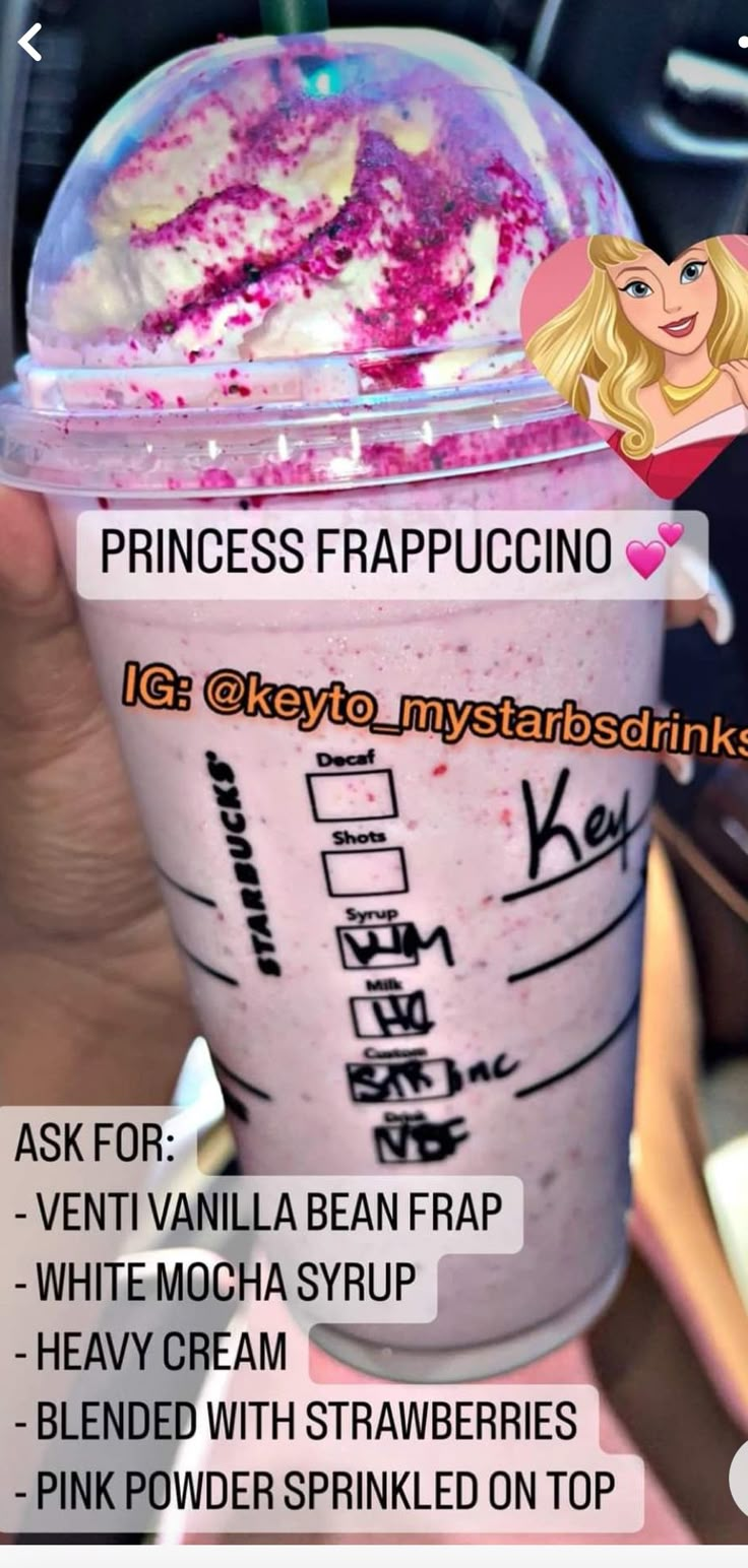 a person holding up a cup with pink liquid in it and the words princess frapucino