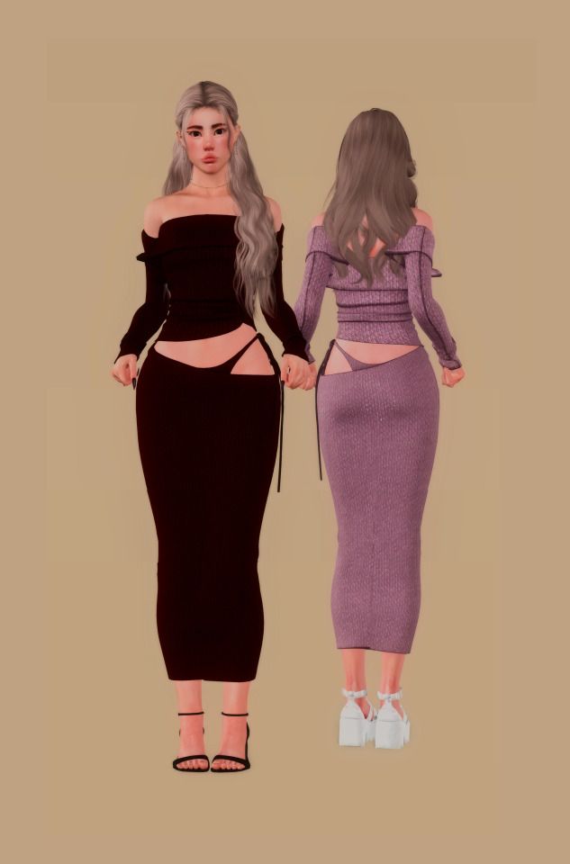 two women standing next to each other wearing long skirts and dresses with cutouts on the sides