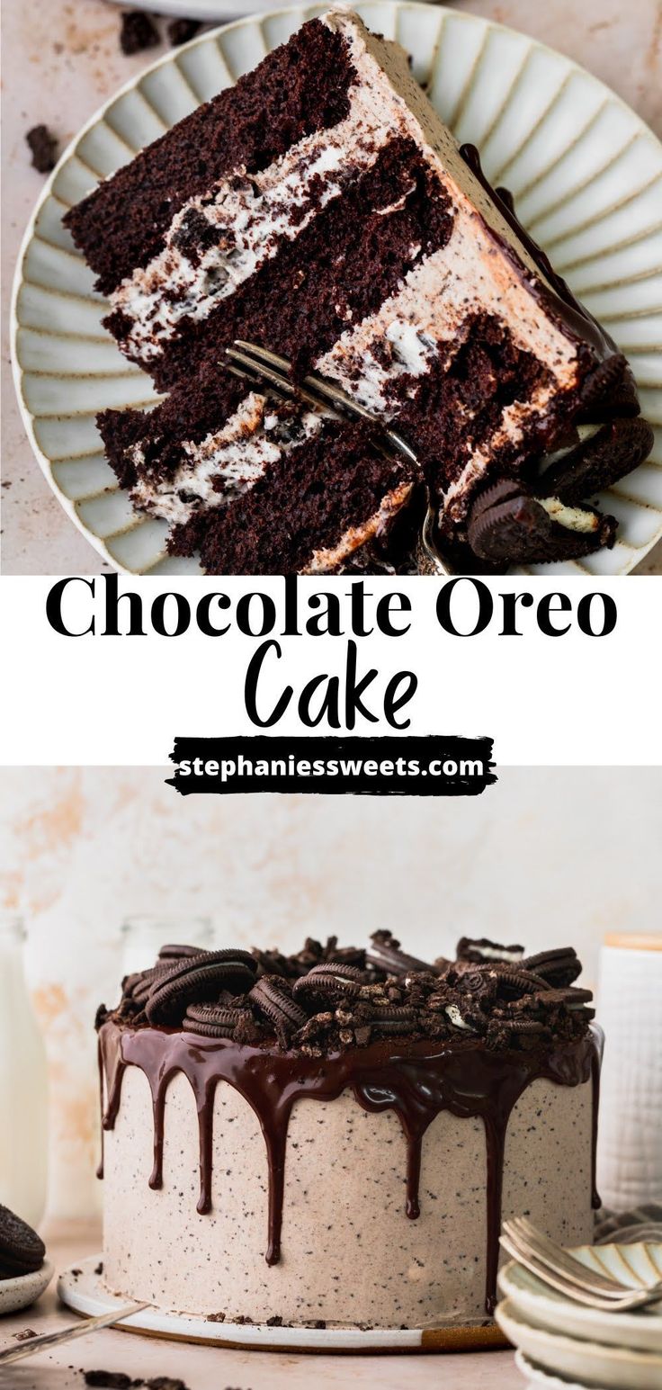 chocolate oreo cake on a white plate with the words chocolate oreo cake above it