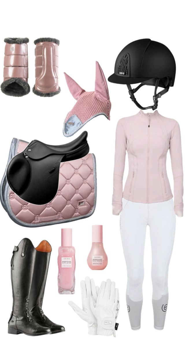 a woman's equestrian gear including boots, gloves and hats