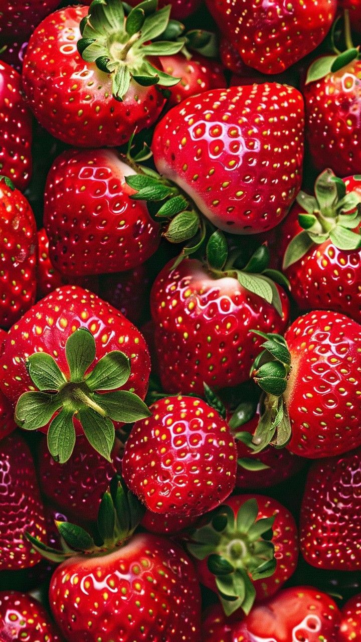 a large pile of red strawberries with green leaves