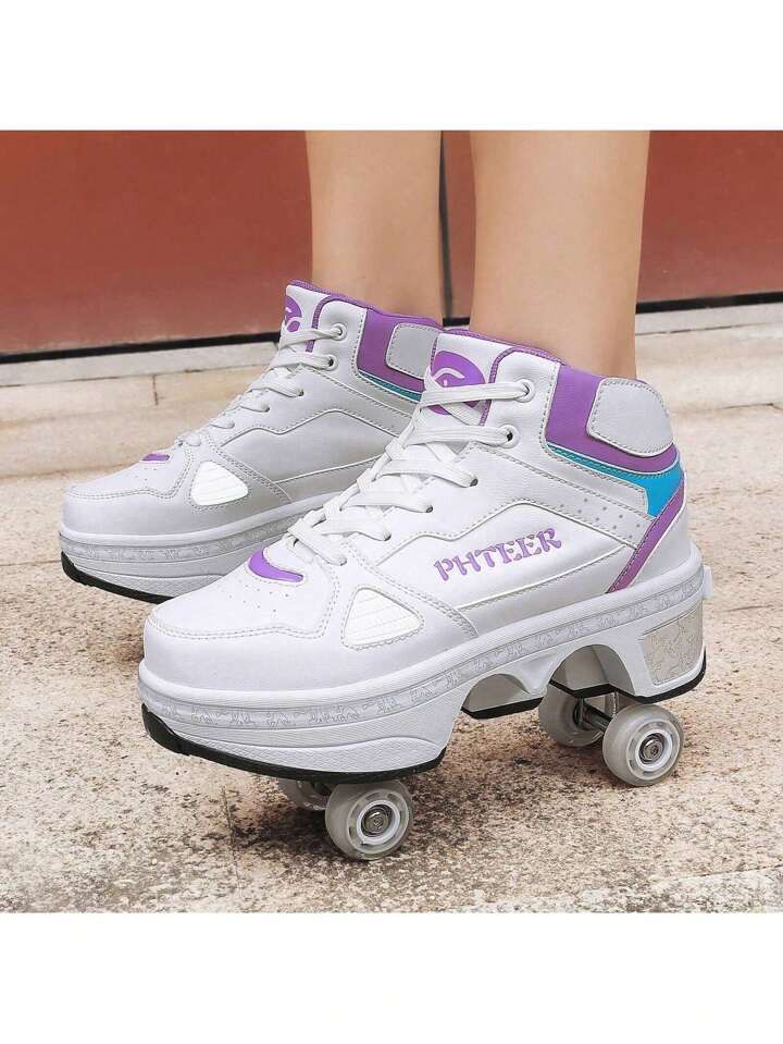 a pair of white shoes with purple and blue accents on the soles of a skateboard